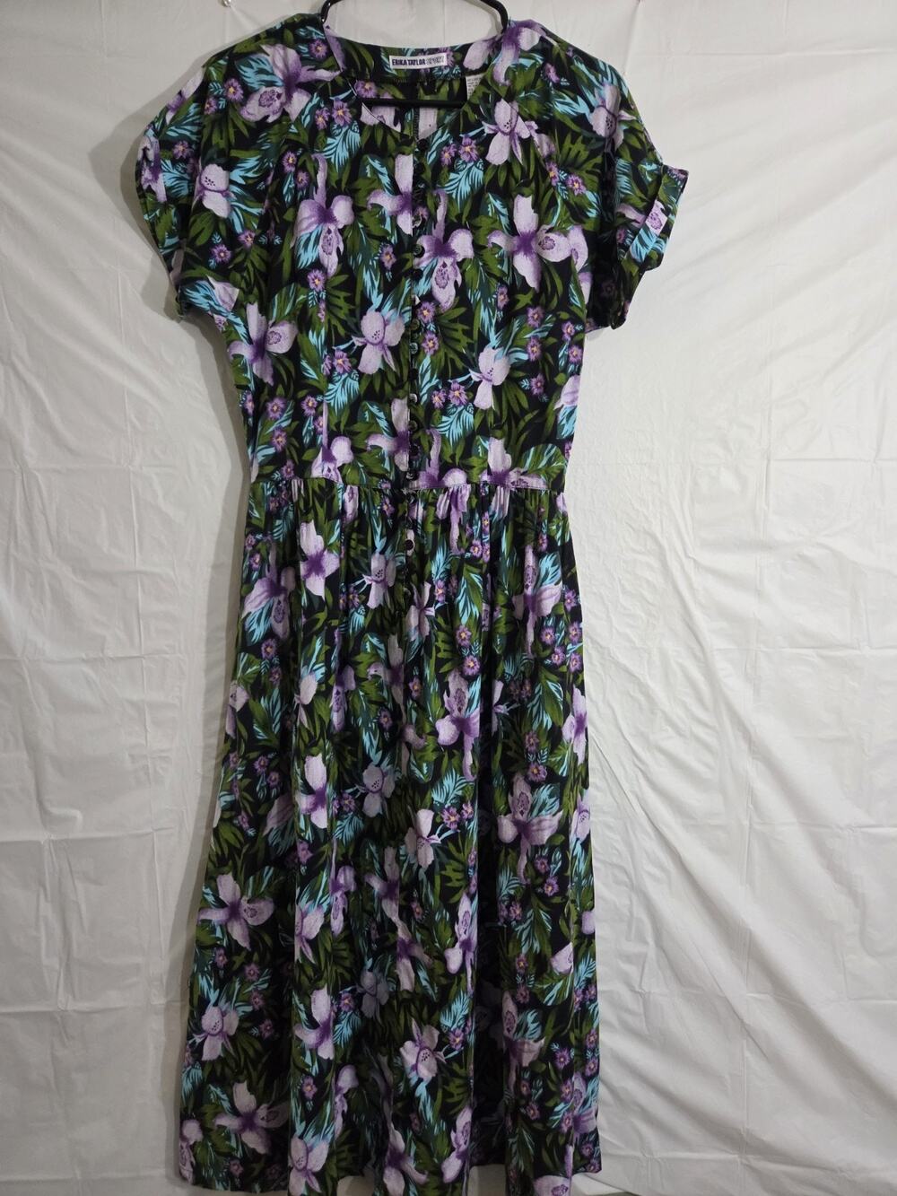 Vtg Erika Taylor Sport Midi Dress Sz Medium Purple Floral Maximalist Tropical